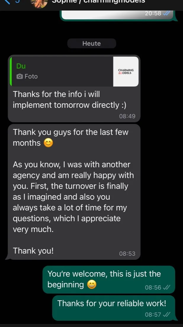 Message from a creator thanking the Charming Models team