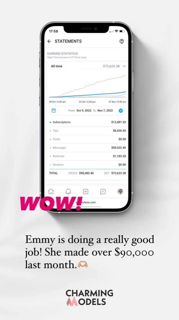 OnlyFans statement showing over 90,000 dollars in one month